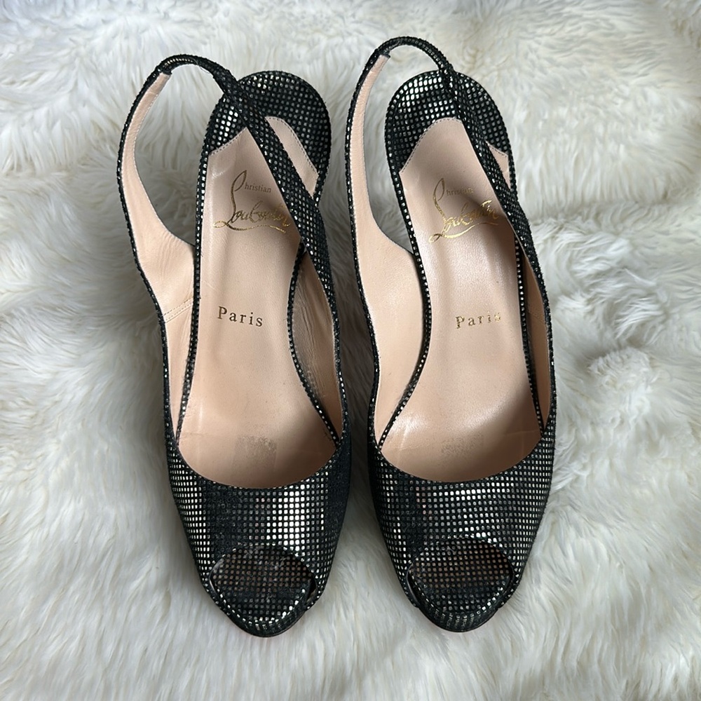 Christian Louboutin Prive 120 Pumps Black Suede Silver Slingback Heels Eu 38.5